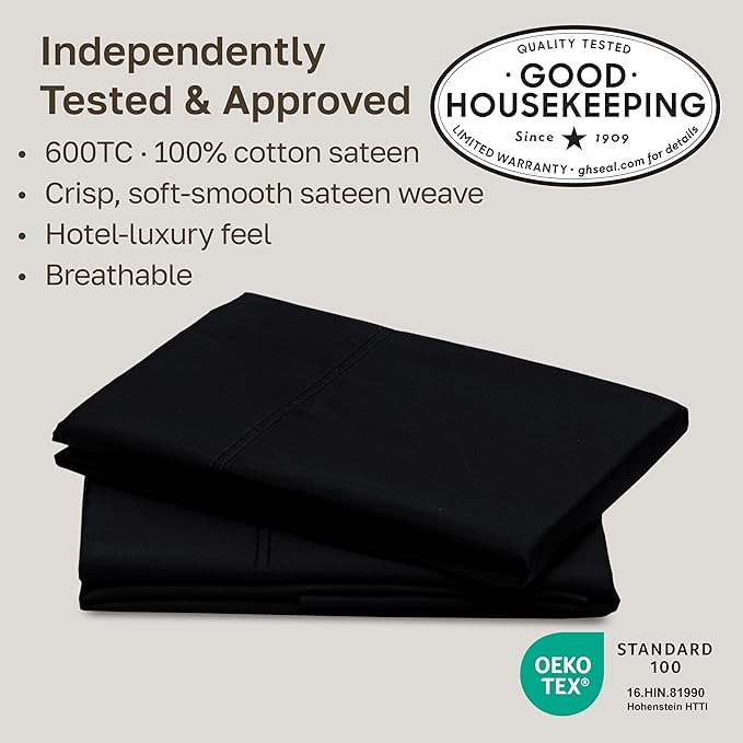 California Design Den Premium Pillow Cases King Size Set of 2-600 Thread Count Sateen, Natural 100% Cotton King Pillowcases, Crisp, Durable Bedding - Black