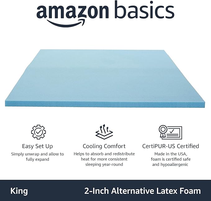 Amazon Basics Alternative Latex King Size Mattress Topper, Cooling Gel-Infused, CertiPUR-US Certified, 2 Inches, Blue