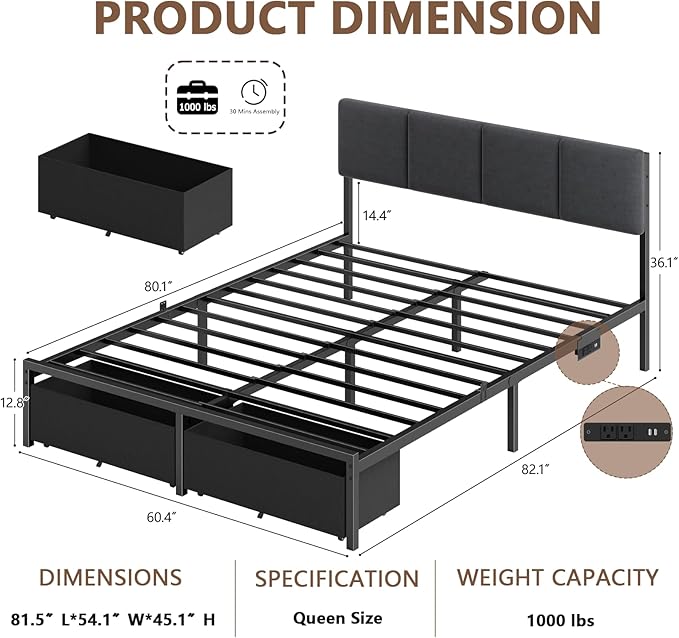 Furnulem Queen Bed Frame with Adjustable Headboard, Upholstered Bed with 2 Storage Drawers, Built-in USB Charging Station & LED Lights, Platform Bedframe with Metal Slats, No Spring Box Needed, Grey