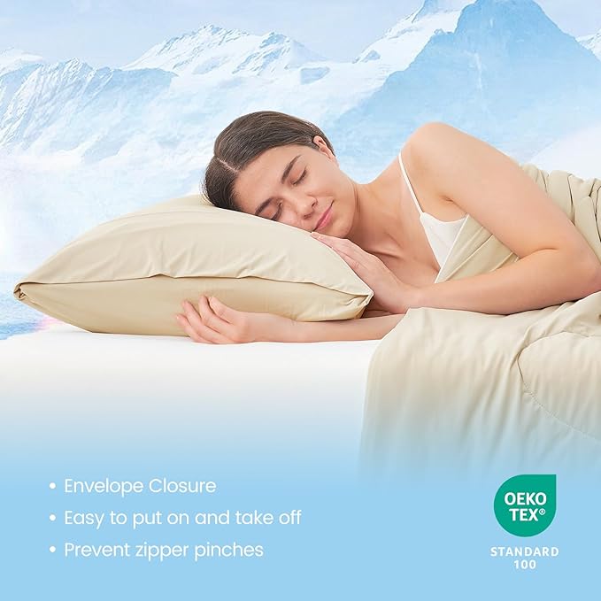 Cozy Bliss Cooling Pillow Cases for Hot Sleepers, Q-Max>0.45, Queen Size Set of 2, Soft & Silky Pillow Covers with Envelope Closure,Gift, Khaki, 20x30 Inches