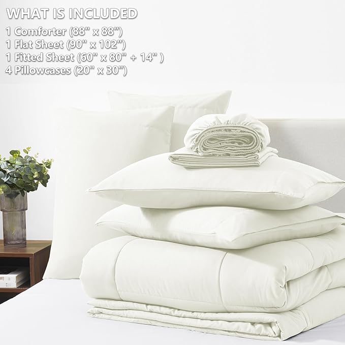 CozyLux Queen Comforter Set Ivory - 7 Pieces Bed in a Bag, Ivory Comforters Queen Size, Bedding Sets with All Season Quilted Comforter, Flat Sheet, Fitted Sheet, Pillowcases