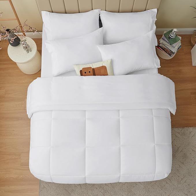 CozyLux Queen Comforter Set White, 7 Pieces Bed in a Bag, White Comforter Queen Size, All Season Bedding Sets with Stitch Quilted Comforter, Flat Sheet, Fitted Sheet, Pillowcases