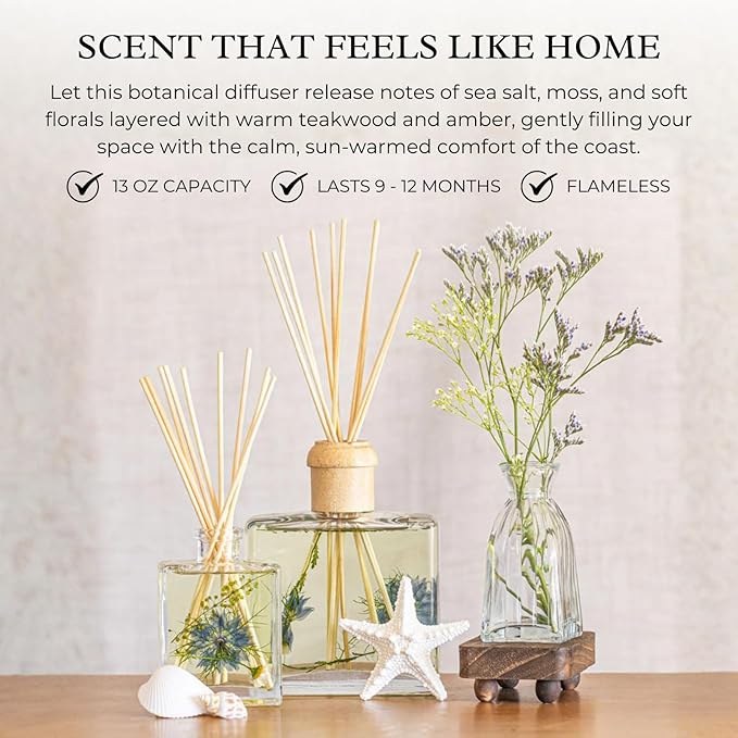 Rosy Rings Sea Salt Mist Signature Diffuser, Single Piece, 13 oz Lasts 9-12 Months Square Glass Reed with Floral Embedded Flowers Coastal Aroma, Bathroom Livingroom Spa Decor Luxury Gift