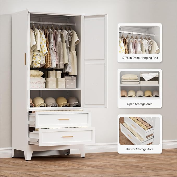 COFaR Armoire Wardrobe Closet with Drawers & Hanging Rod, 71'' Metal Wardrobe Closet with Doors & Adjustable Shelf, Farmhouse Wardrobe Cabinet for Bedroom Home Office, White