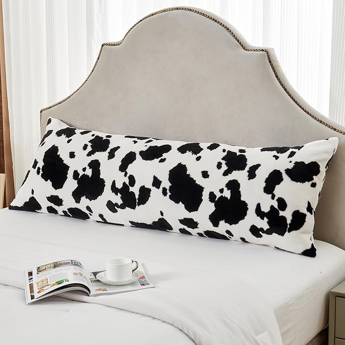SOCHOW Body Pillow Cover 21x54 Inches, Super Soft and Cozy Cow Print Fleece Long Body Pillowcase with Zipper Closure,1 Pack, Black/White