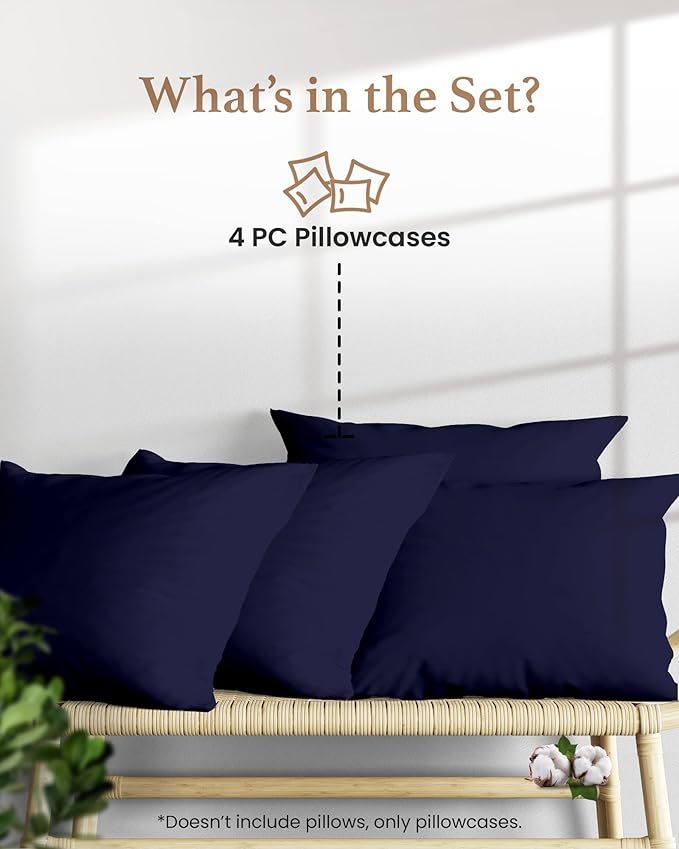 1000 TC Navy Blue Standard Pillowcases Set of 4 100% Egyptian Cotton Pillow Cases with Long Staple Cotton & Sateen Weave, Silky Soft Hotel - Like Bed Pillow Covers for Comfy Sleeping, Snug Fit