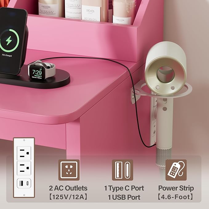 Furmax Vanity Desk with Mirror, L Shape Vanity, LED Lighted Mirror, with Power Outlet and 3 Storage Shelves, Makeup Table with 5 Drawers, 3 Color Modes, for Bedroom(Pink)