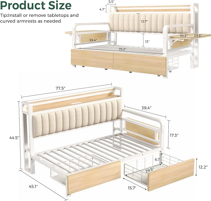 Jocoevol Twin Corner Bed Frame with Storage Drawers and LED Light, Heavy Duty Metal Daybed with Upholstered Storage Headboard & Charging Station, Twin Size Day Bed for Kids Teens Guests, White