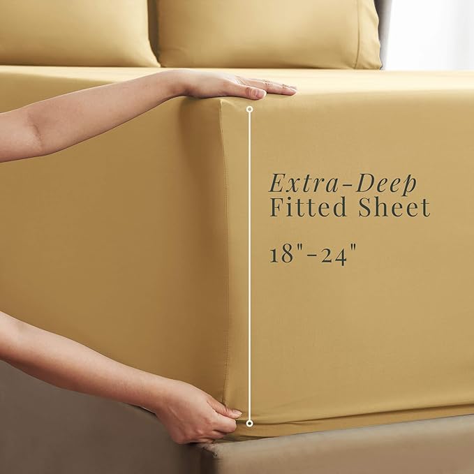 Hearth & Harbor Extra Deep Pocket King Size Sets - Fits Mattress 18-24 Inches Deep - Extra Deep Pocket Sheets - 6 Piece King Size - Camel