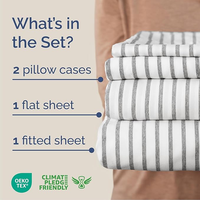 Cal King Size 4 Piece Sheet Set - Comfy Breathable & Cooling Sheets - Hotel Luxury Bed Sheets for Women & Men - Deep Pockets, Easy-Fit, Soft & Wrinkle Free Sheets - Grey Stripes Oeko-Tex Bed Sheet Set