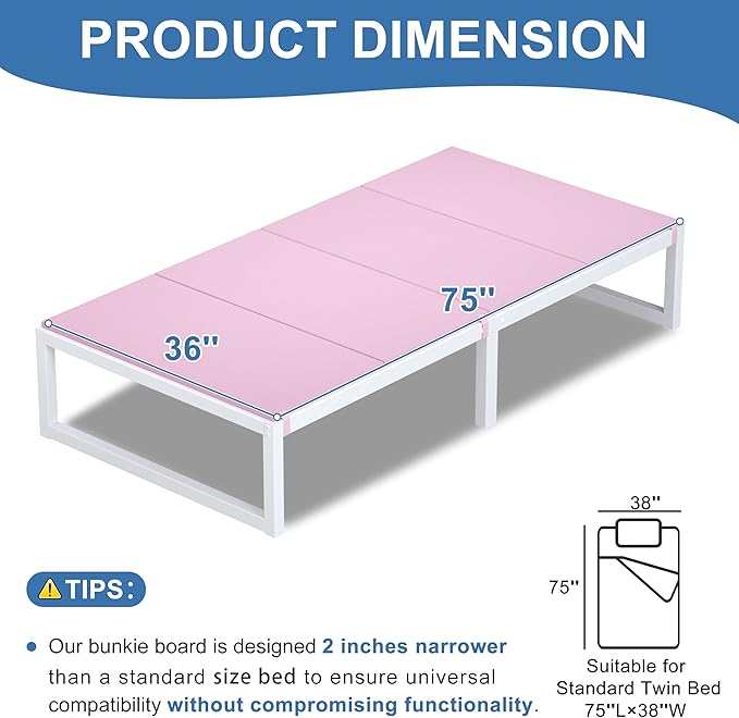 Lutown-Teen Bunkie Board Twin Under Mattress High-Density Polymer Twin Size Bunkie Board Anti-Sag, Breathable, Moisture Resistant, Noise Minimizing, Pink