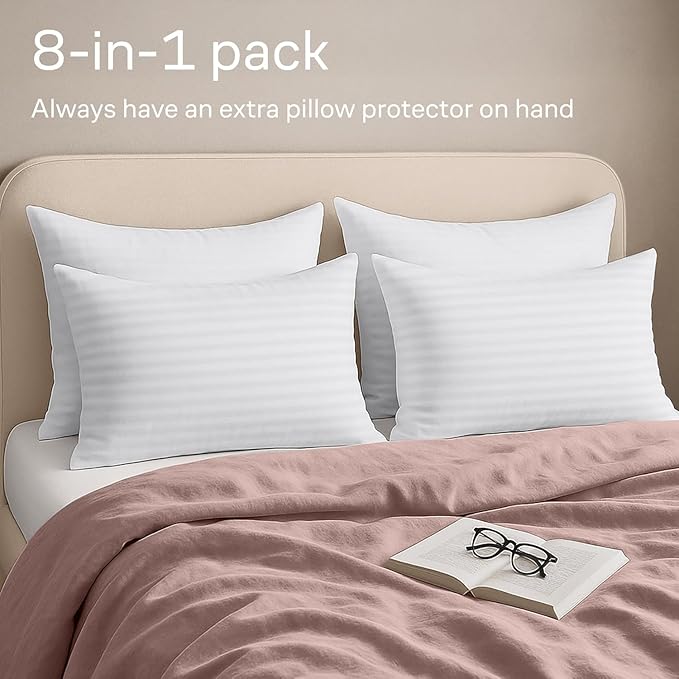 Ultra Soft Pillow Protectors with Zipper Standard Size - Set of 8 Breathable Pillow Covers - 100% Protection Against Stains, Dust & Dirt - Machine Washable (Dark White)