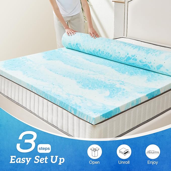 Sweetcrispy Memory Foam Mattress Topper Twin,4 Inch Thick Gel Infused Cooling Toppers Pad for Twin Size Bed, Sleeper Sofa, RV, Camper, CertiPUR US Certified, Ventilated and Breathable, Blue