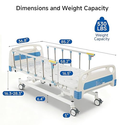 Real Relax Premium 3 Function Full Electric Hospital Bed (with Mattress & IV Pole), Premium Medical Hospital Beds, with Locking Casters, Motor, 530LBS Loading, Includes Sheets (2X)