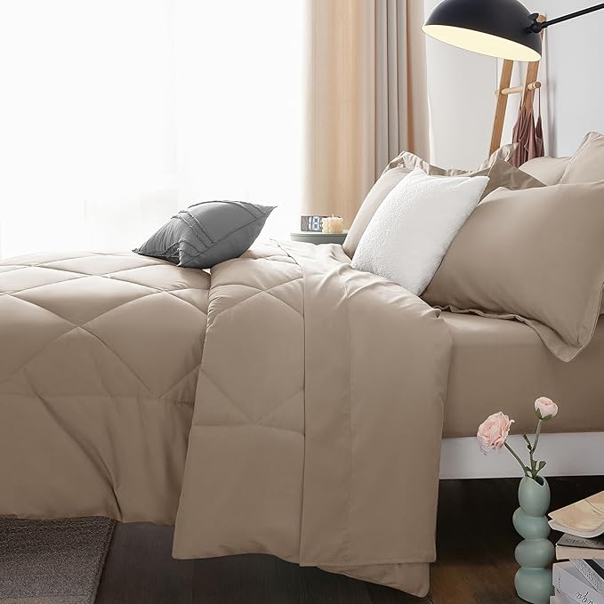 CozyLux Oversized Queen Comforter Set Khaki - 7 Pieces Bed in a Bag Comforter Set with Sheets, Luxury Soft Bed Set, Bedding Set with Down Alternative Comforter, Sheets, Pillowcases & Shams