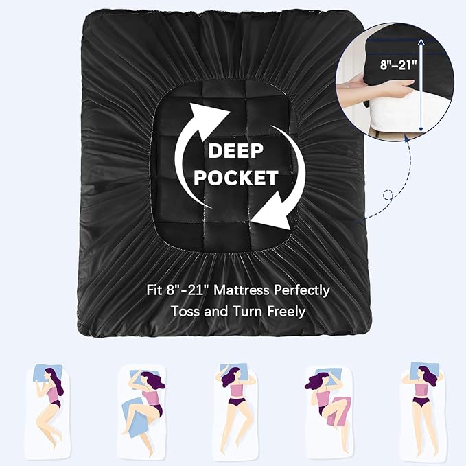 CYMULA Short Queen Mattress Topper, Cooling Bed Mattress Topper, Thick Mattress Pad Cover Pillow Top Mattress Topper, Black Plush Down Alternative Fill