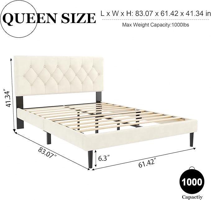 HAOARA Queen Size Platform Bed Frame with Upholstered Button Tufted Headboard, Mattress Foundation with Wooden Slat Support, Noise Free, No Box Spring Needed, Easy Assembly, Beige Velvet