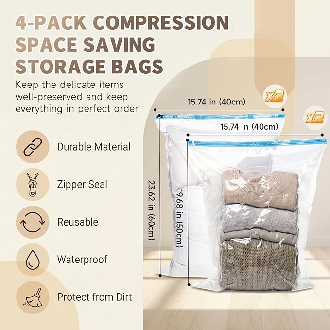 OIAHOMY 2 Pack Under Bed Storage with 4 Compression Bags, Underbed Organizers for Bedroom & Closet, Fits Beds Higher than 5.9", Space-Saving for Seasonal Clothes, Blankets & Shoes - Beige