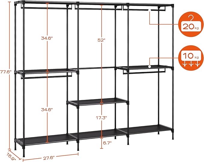 CASAMAYA Clothes Rack, Portable Closet, 80.7 Inch Extra Large Capacity Wardrobe Closet, Clothes Storage Organizer with Shelves and 5 Hanging Rods, Easy to Assembly, Black PCT036B01