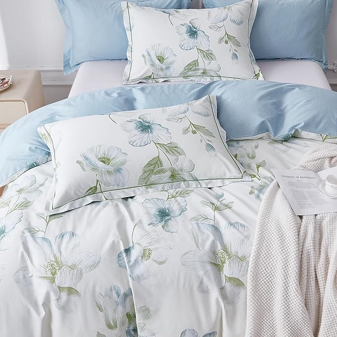 OAITE Duvet Cover Set Queen Size Floral Pattern 500 Thread Count Ultra Soft 100% Cotton Duvet Cover Sets 3-PC, Breathable Duvet Cover with Zipper Closure & Corner Ties
