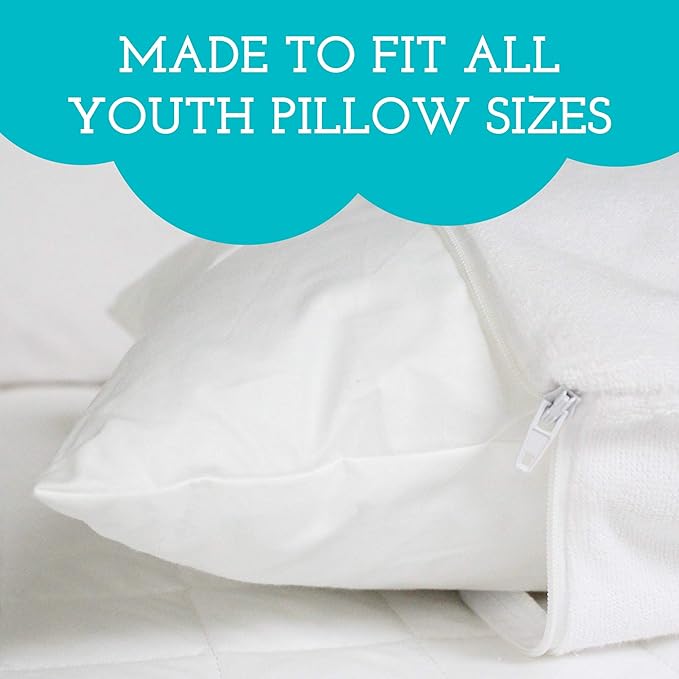 Little Sleepy Head Waterproof Pillow Protector (2-Pack), 100% Terry Cotton Pillow Covers with Zipper – Hypoallergenic, Noiseless Protector for Youth Pillows