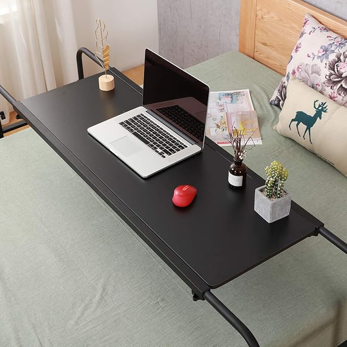 TigerDad Overbed Table with Wheels, Rolling Desk for King Queen Full Bed Heavy Duty, 55"-83" Adjustable Length & Height Hospital Nursing Table, Mobile Cross Bed Laptop Stand for Home Work, Black