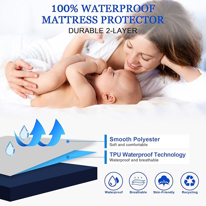 Sufdari Mattress Protector,Waterproof Mattress Cover Queen,18" Deep Pocket Mattress Protector,Fitted Sheet Style with Elastic Rubber Band,Washable and Easy Care-Navy Blue,Queen