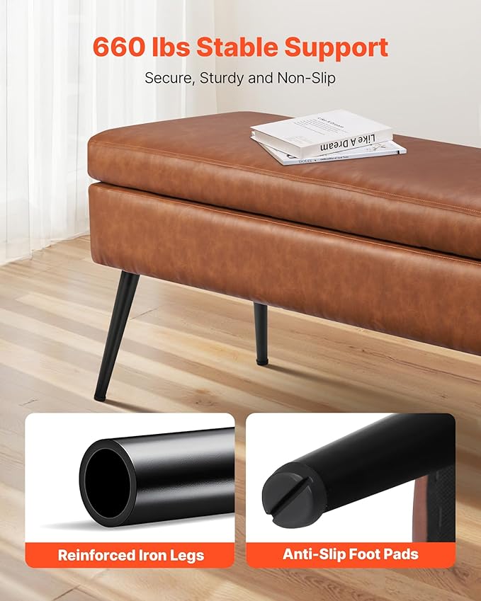 VEVOR Leather Storage Ottoman Bench, PU Leather Bench with Storage and Metal Legs, Upholstered Shoe Benches Seat for Entryway, Modern End of Bed Benches for Living Room, Dining Room, Hallway, Brown