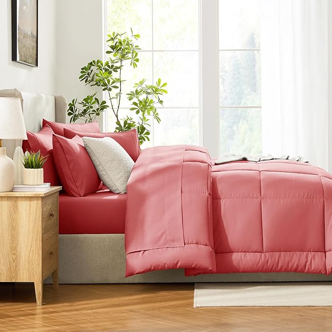 CozyLux Twin XL Comforter Set Coral, 5 Pieces Twin Extra Long Bed in a Bag for College Dorm, All Season Bedding Set with Stitch Quilted Comforter, Flat Sheet, Fitted Sheet, Pillowcases