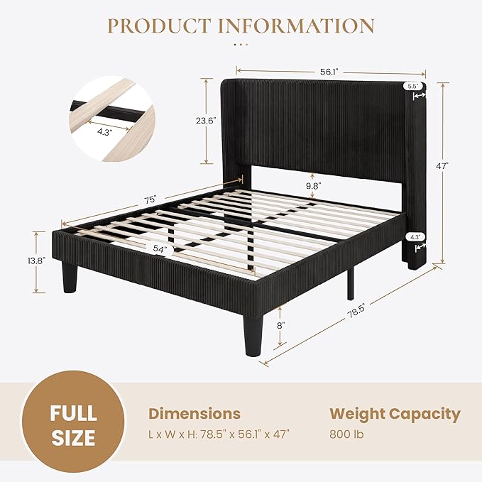 SHA CERLIN Full Size Corduroy Upholstered Platform Bed Frame with Vertical Channel Tufted Wingback Headboard, 8" Under Bed Storage, Wooden Slats & Metal Frame Support, Easy Assembly, Black