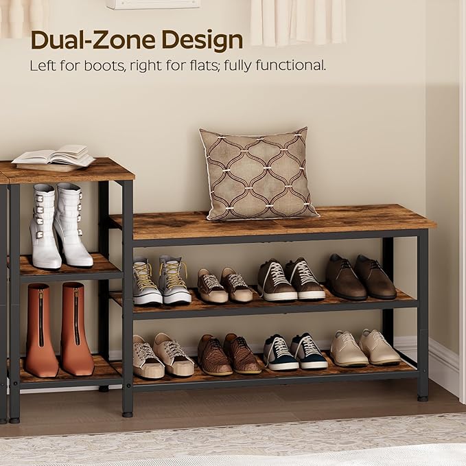 YATINEY 3-Tier Shoe Rack Bench, Wooden Shoe Storage Bench, Industrial Entryway Bench with Storage, Multi-Functional Shoe Rack with Seat for Bedroom, Hallway, Living Room, Rustic Brown and Black HX05BR