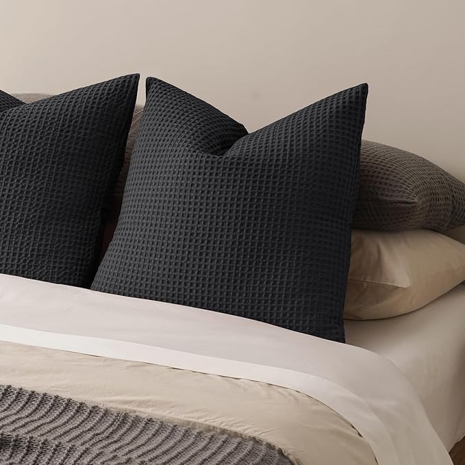PHF Ultra Soft Waffle Weave Euro Shams Pillow Covers, No Filling, 2 Pack 26" x 26" Bed Cushion Covers, Breathable & Skin-Friendly Bed Pillow Shams for Stylish Home Decor, Black