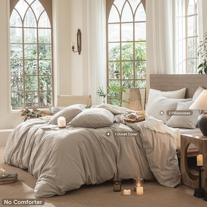 MooMee Wavy Striped Duvet Cover Set 100% Washed Cotton Linen Like Textured Breathable Durable Soft Comfy (Beige, Super Queen 90"x98")