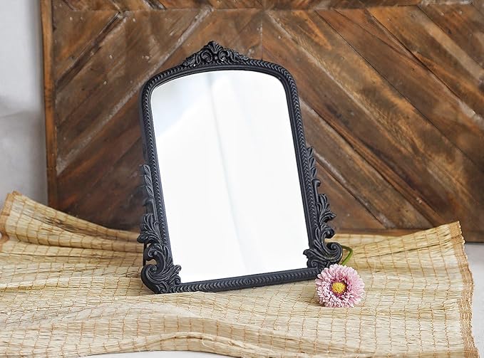 HSDDHOME Black Vintage Arched Vanity Mirror, Baroque Tabletop Makeup Mirror, Decorative Antique Mirror for Dresser, Bedroom, Living Room, 11.8" x 9.6"