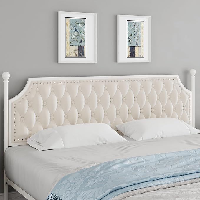 Keyluv King Upholstered Canopy Bed Frame with 3 Drawers and Button Tufted Headboard, Metal Platform Bed with 4 Removable Posts, Two-Purpose Velvet Bed No Box Spring Needed, Beige/Curtains Not Included