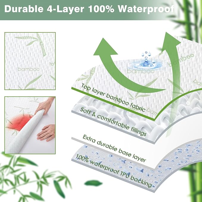 Parkdeny Waterproof Cooling Mattress Encasement, California King, Rayon from Bamboo, 5"-15"Deep, Noiseless, Washable