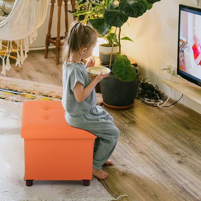 Dorriss Storage Ottoman for Living Room Ottoman Square with Tray Bedroom Cube Foot Rest Stool with Legs Small Ottomans Coffee Table Lid Foldable Footstool Faxu Leather 15" in (Orange)