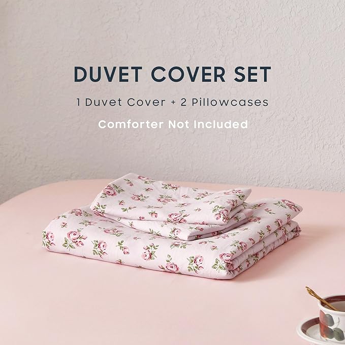 Wake In Cloud - Coquette Duvet Cover Set, Floral Cottagecore Flower Shabby Chic Cute Aesthetic, Soft Lightweight Bedding for Women Teen Girls, 3-Piece, Pink, Full Size