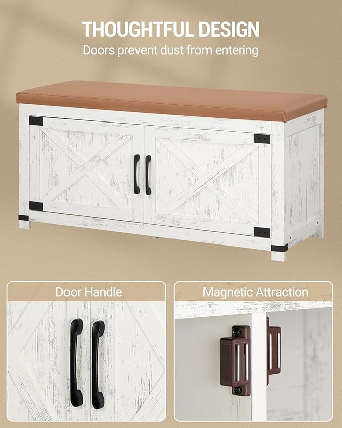 Hzuaneri Shoe Storage Bench, 2 Tier Shoe Bench with Padded Seat Cushion & 2 Barn Doors, Entryway Bench with Adjustable Shelf, Farmhouse Shoe Cabinet for Living Room, Bedroom, Antique White SB26614KA