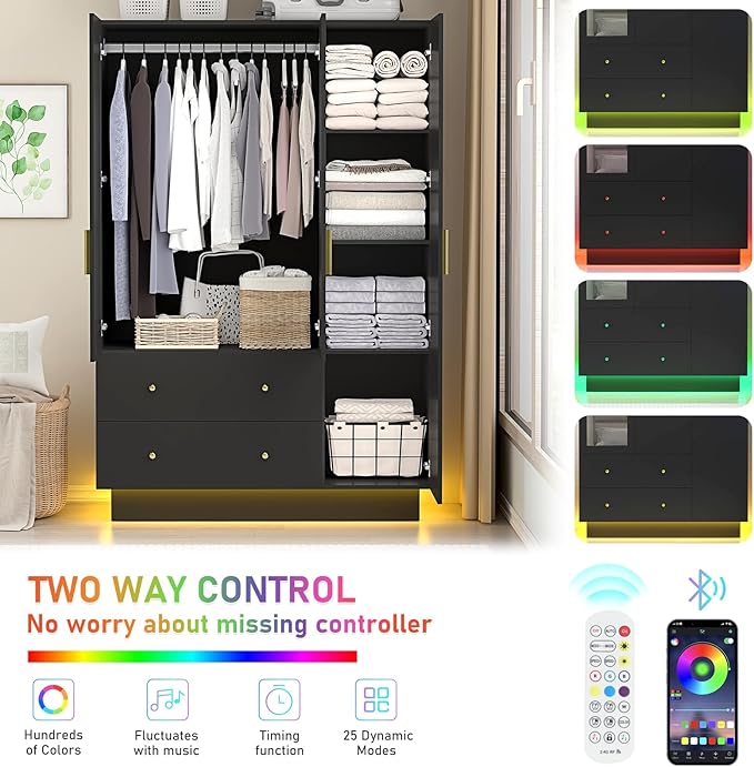 jiteentarou 3 Door Wardrobe Closet with Mirror and LED Lights, Bedroom Armoire with Drawers Shelves, Modern Wooden Armoire Wardrobe Closet with Hanging Rod for Bedroom, Black