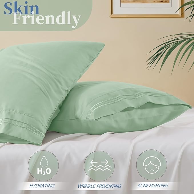 Vonty 2 Pack Queen Pillow Cases - 20x30 Inch, 1800 Thread Count Microfiber Pillowcases Queen Size Sage Green Pillow Cases Luxury & Soft Embroidered Bed Pillow Covers with Envelope Closure