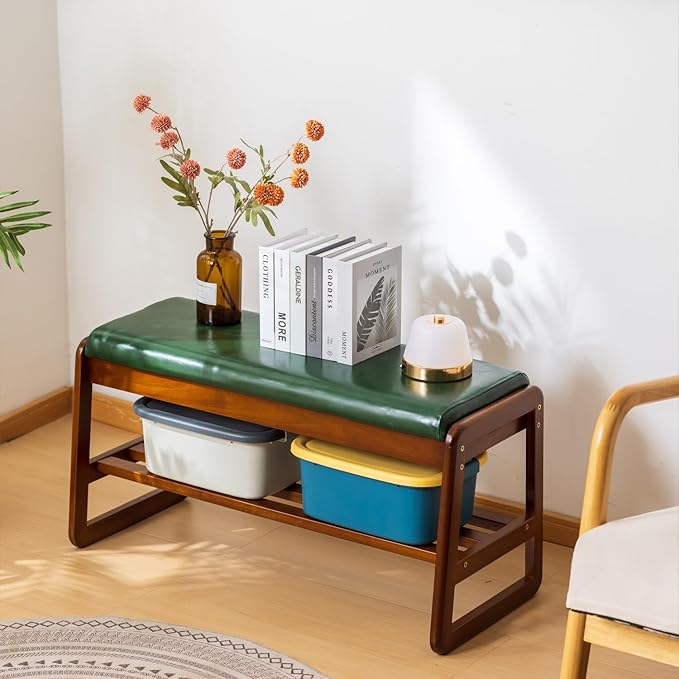 SOBIBO Shoe Bench with Storage - 2-Tier Entryway Bench, Solid Wood Shoe Rack with Cushion & Flip-Open Box, Mid-Century Modern for Hallway, Mudroom, Bedroom (Green, 21.65'')