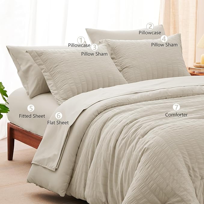 CozyLux King Size Comforter Set Oatmeal Seersucker 7 Pieces Bed in a Bag King Comforter Set with Sheets, Luxury Bedding Sets with Down Alternative Comforter, Sheets, Pillowcases & Shams All Seasons