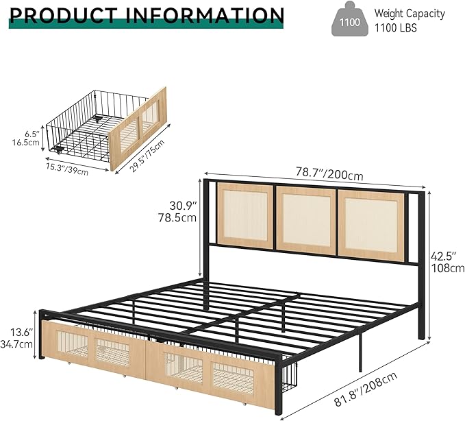 YITAHOME Natural Rattan King Bed Frame with Wooden Headboard and 2 Storage Drawers Underneath, Boho Cane Bed Platform Bed with Metal Slat, Noise Free, No Box Spring Needed