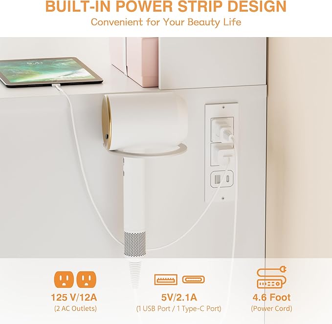 YESHOMY Vanity Desk with Mirror, 10 Lights, Power Outlet and 3 Storage Shelves, Makeup Table with 4 Drawers, 3 Color Modes, for Bedroom, Pure White