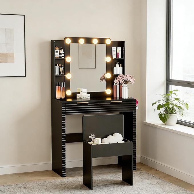 Makeup Vanity Desk with Charging Station & Storage Stool, Black Fluted Vanity Table with 10 Hollywood Bulbs, 3-Color Lighted Mirror, Hair Dryer Holder & Type-C Port, Modern Dressing Table for Bedroom