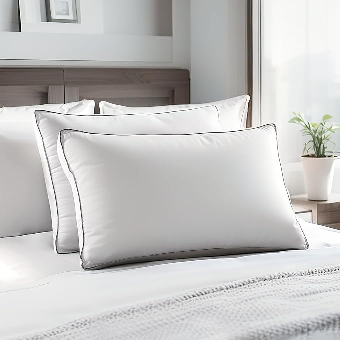 Blue Ridge Home Fashions Medium Soft Bed Pillows Queen Size Set of 2, 400 Thread Count 100% Cotton, Never Go Flat Down Alternative Gusseted Support Pillow for Back or Side Sleepers, Standard, White