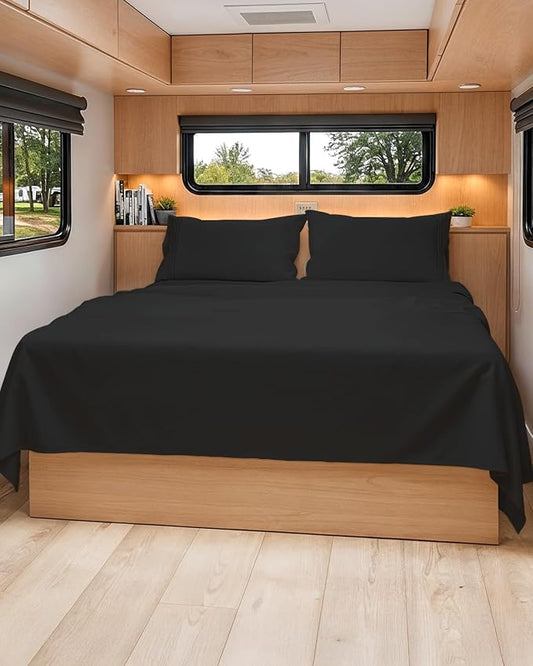 Short Queen Size 4 Piece Sheet Set - RV Short Queen, Ultra-Soft, Breathable & Cooling Bed Sheets Set with Deep Pockets - Hotel Luxury Bedding for Women & Men - Wrinkle Free & Fade Resistant - Black