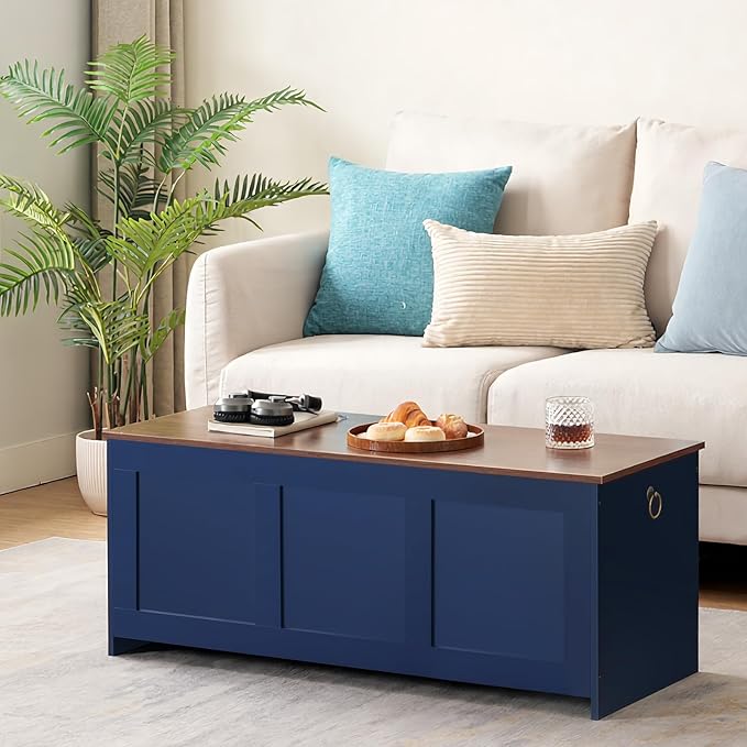 HOOBRO Storage Bench, 39.3" Retro Wooden Storage Chest, Wooden Storage Trunk, Toy Chest with Lift Top, Multifunctional Entryway Organizer, for Entryway, Living Room, Blue and Walnut UH141CW01G1