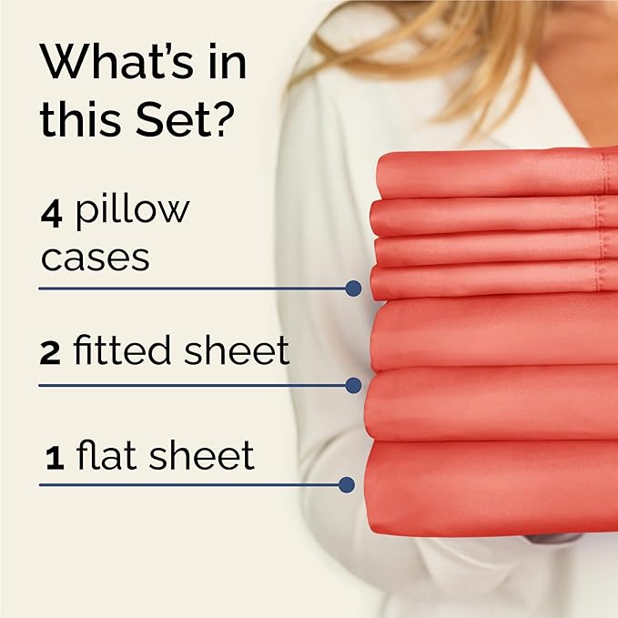 Split King 7 Piece Sheet Set - Comfy Breathable & Cooling - Hotel Luxury Bedding for Women, Men, Kids, Teens & Children - 1 Flat & 2 Fitted Sheets & 4 Pillowcases w/ Deep Pockets, Wrinkle Free - Coral